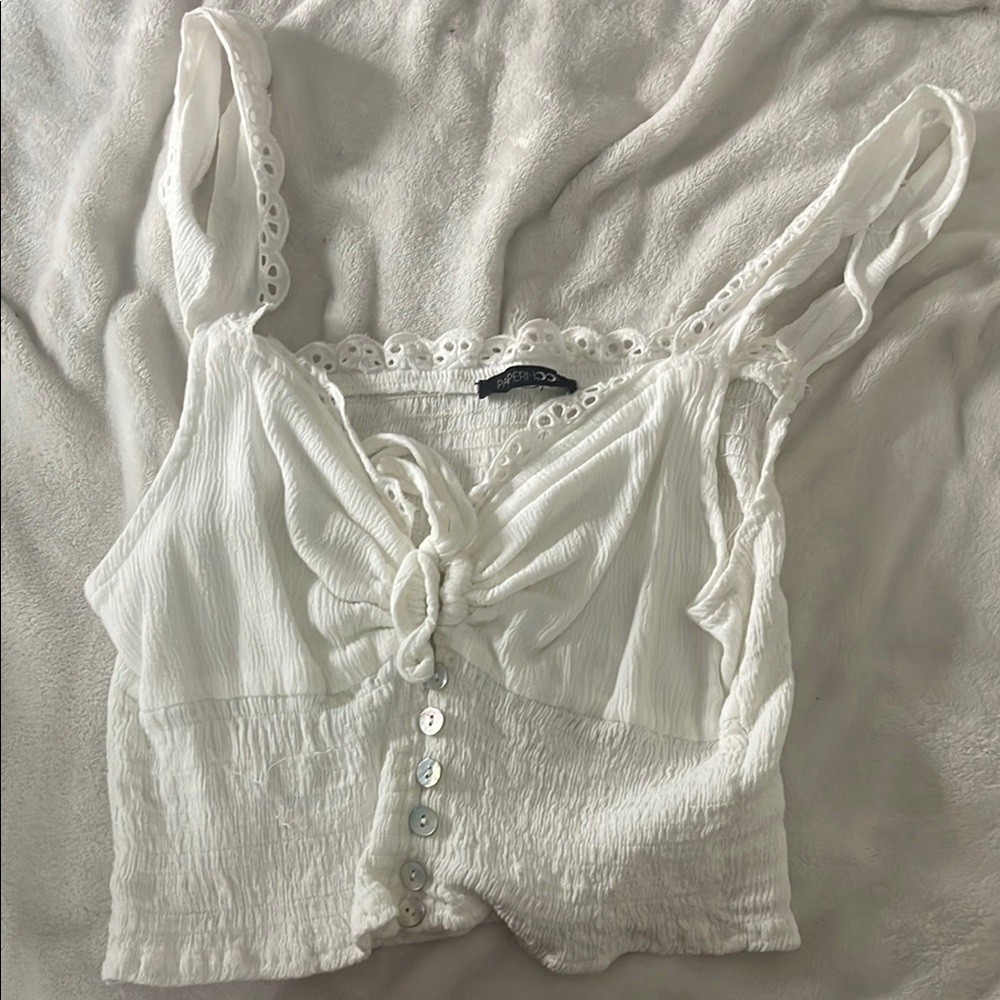 Papermoon White Button-Up Crop Top with Lace
